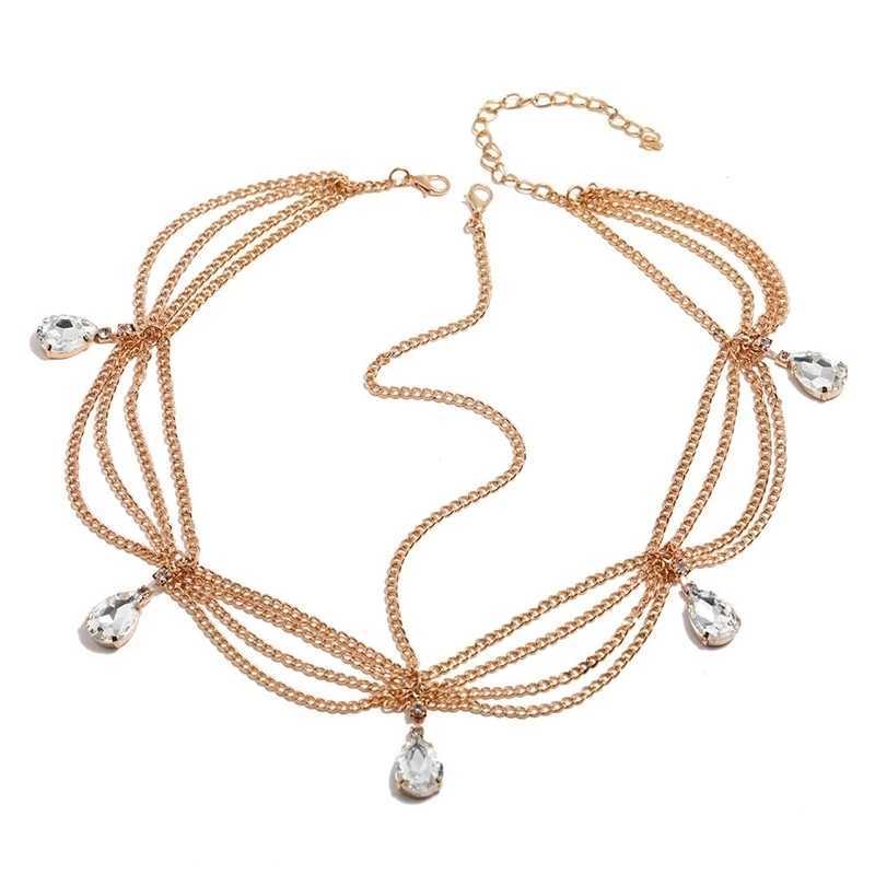 Indian Bride Jewelry Fashion Elegant Mti-layer Gold Color Chain Crystal Water Droplet Tassel Chain Bridal dress X250306