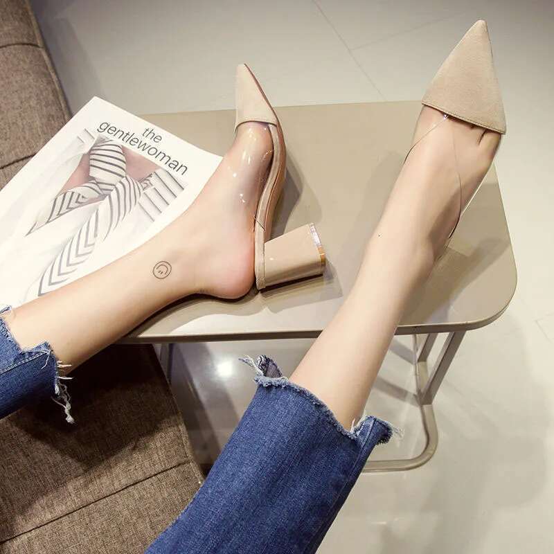 2025 Summer Slippers High Heel 7CM Solid PVC Shoes for Women Outside Wear Suede Slides atos Pointed Sandalias Mujer Verano