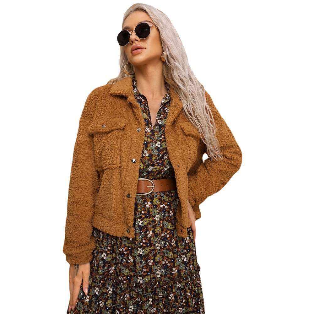 Spring/Summer Women's Street Single Breasted Flip Collar Elegance Commuting Long Sleeved Plush Jacket Coat KLMY