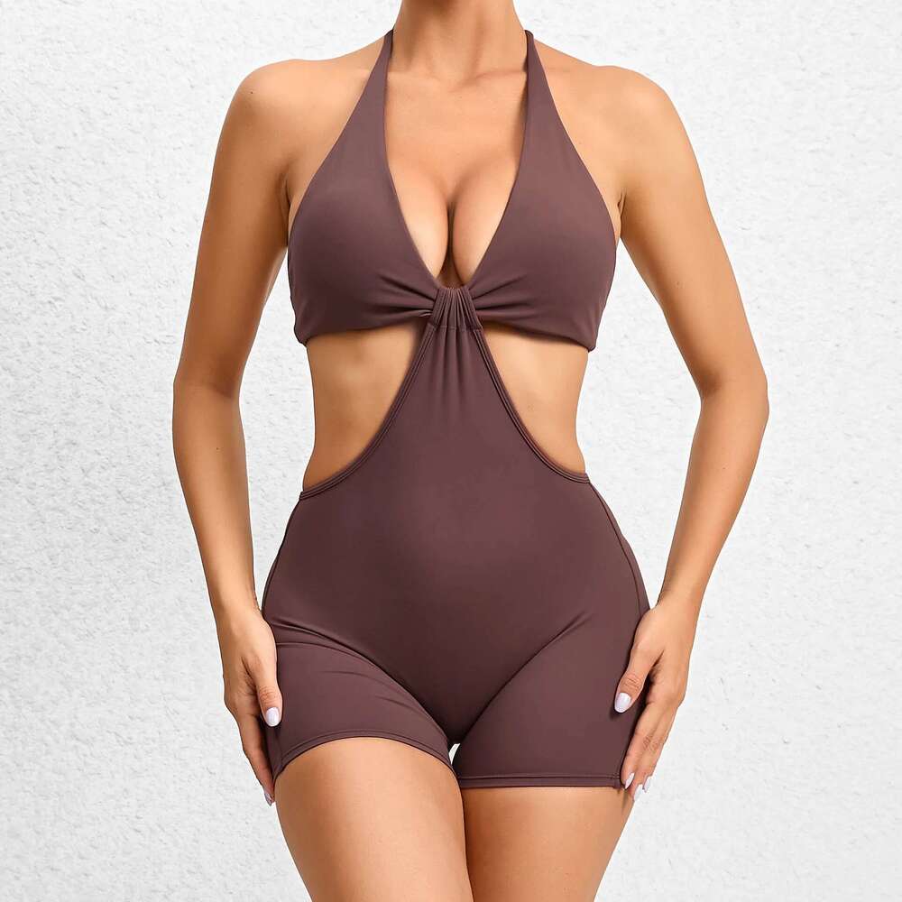 New Pad Halter Deep V Neck Clothes Dance Sport Elastic Hollow Bodywork Bodybuilding Yoga One-Piece Pants KLMY