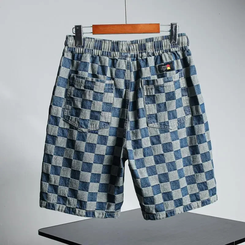 Mens denim shorts half Bermuda loose flat wide pocket mens thin blue Korean fashion Harajuku Xl 250306