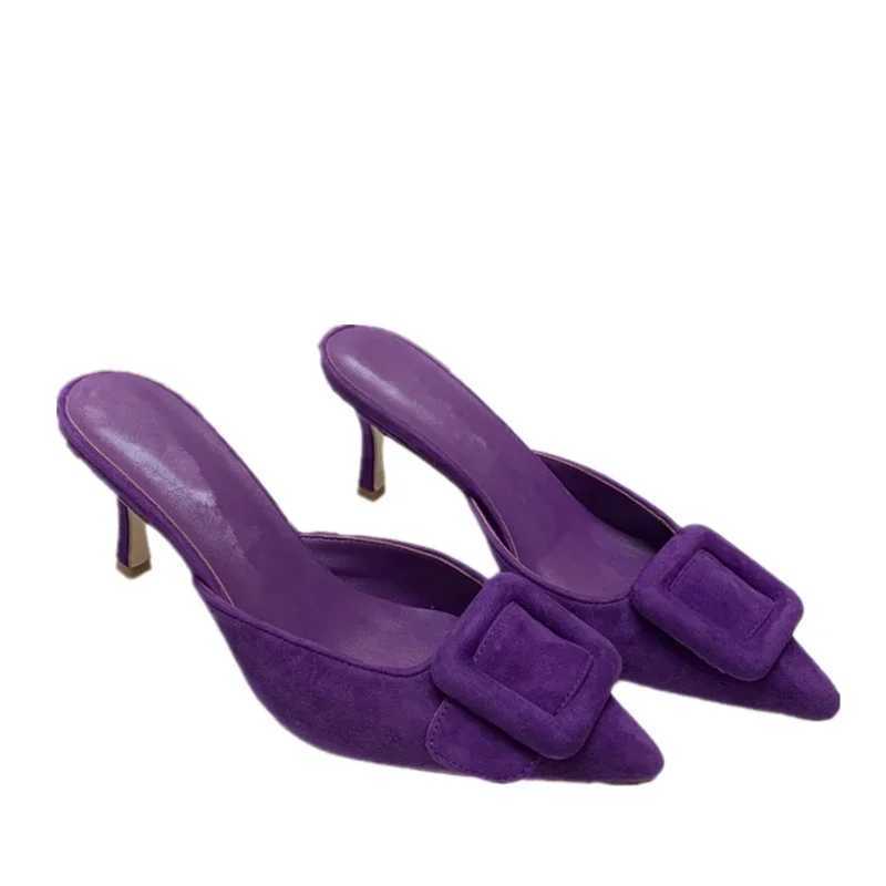 2024 New Mler Shoes Wens Shallow Mouth Pointed Toe Middle Heel Square Buckle Stiletto Baotou Wens Half Slippers Y250306