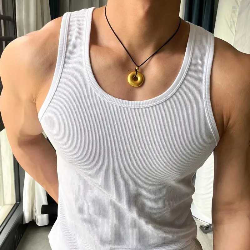 Mens Fitness Vest Cotton Breathable Vertical Striped Sleeveless Tops Solid Color Sports Casual Tank Gym Muscular Men ClothesT250318
