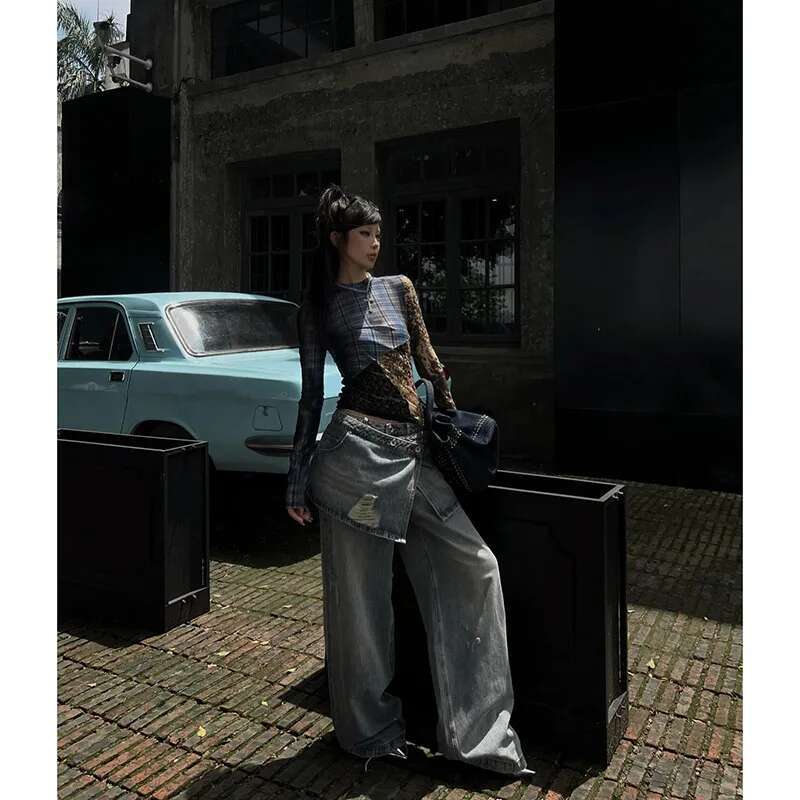 2024 Summer Women's Casual Blue Haruku Jeans Vintage Loose Fit Washed Pants Y2k Wide Leg Punk Baggy Pockets Denim Trouser