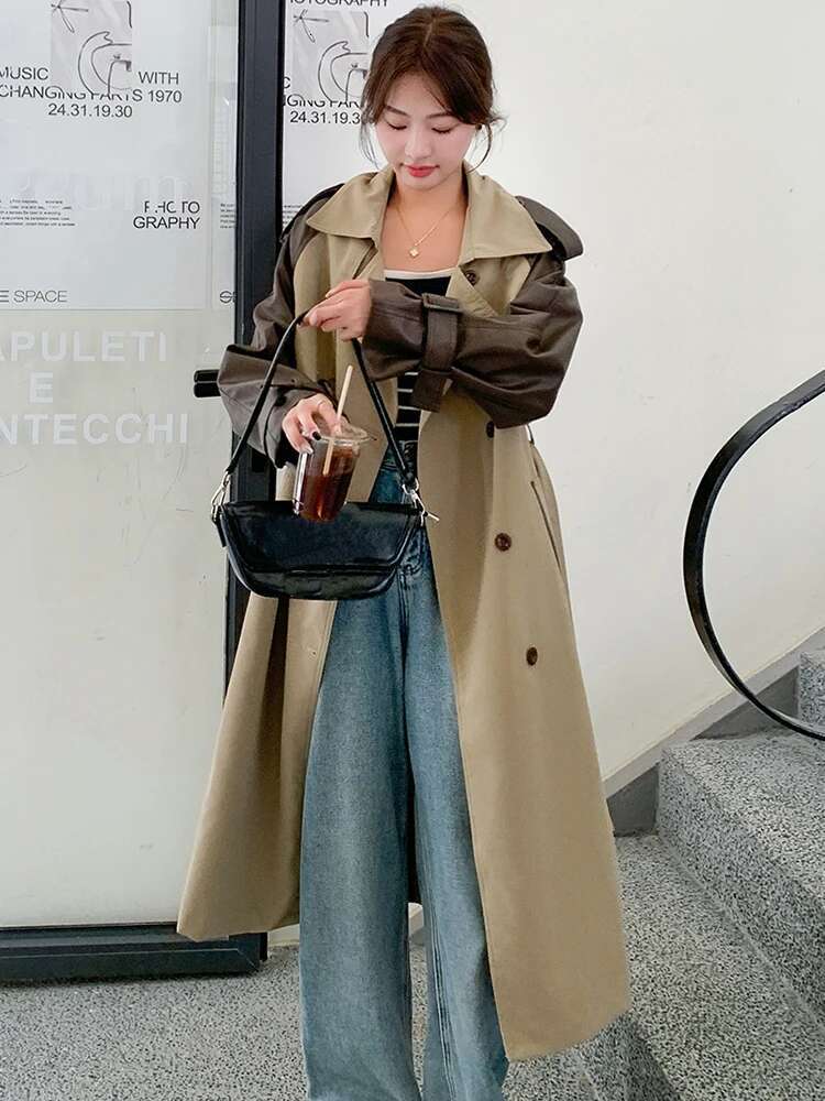 LANMREM Vintage Long Trench Coat Women Lapel Leather Spliced Sleeves Belt Double Breasted Windbreaker 2025 Spring New 2Aa2586