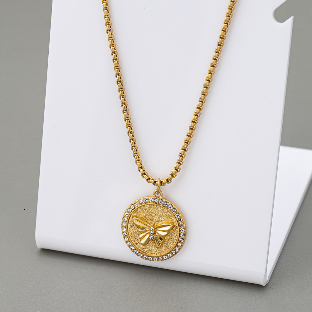 French Vintage Round Brand Butterfly Pendant Brass 18K Gold Plated Necklace Collar For Women