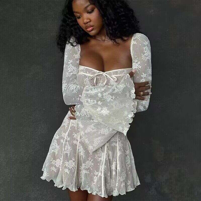 Autumn women's style fashionable slim fit lace horn long sleeved strap A-list dress for women 2025 new casual fashion trend clothing