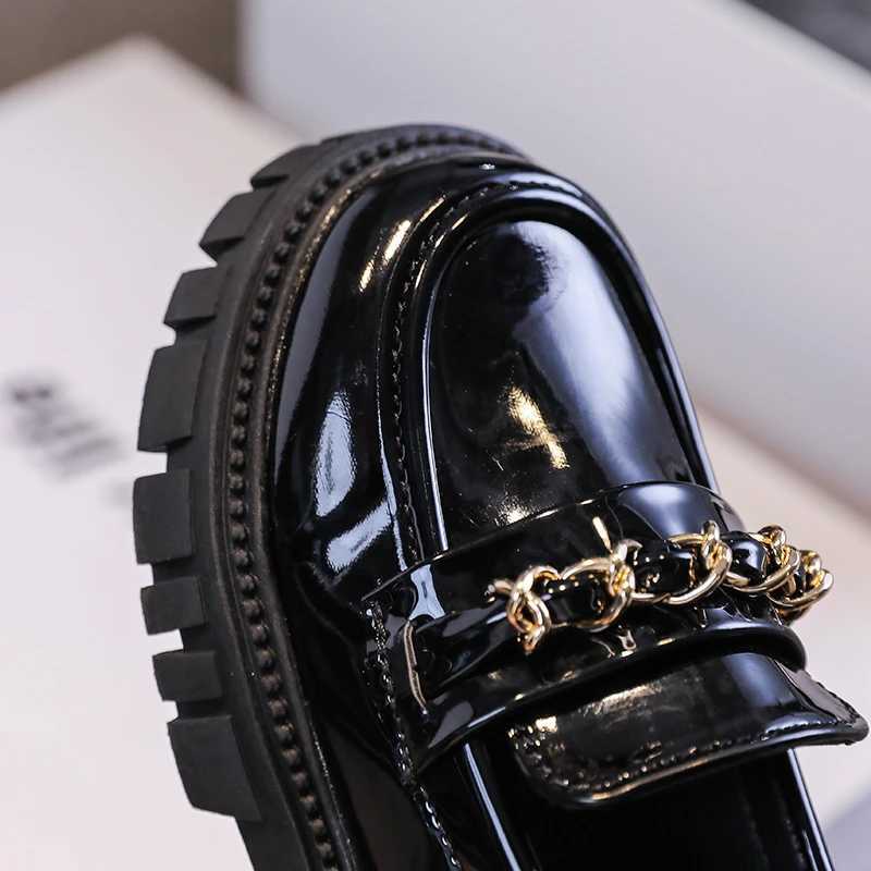 Laofers for Children Platform Black Patent Leather Chain Fashion Boys Girls Flat Shoes Four Season Elegant 26-36 Kids ShoeT250306