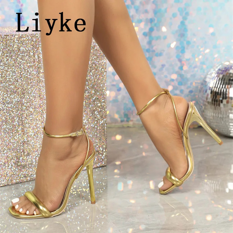 Liyke Summer Sexy Gold High Heels Gladiator Sandals Women Fashion Square Toe Ankle Buckle Strap Stiletto Party Dress Shoes 250306