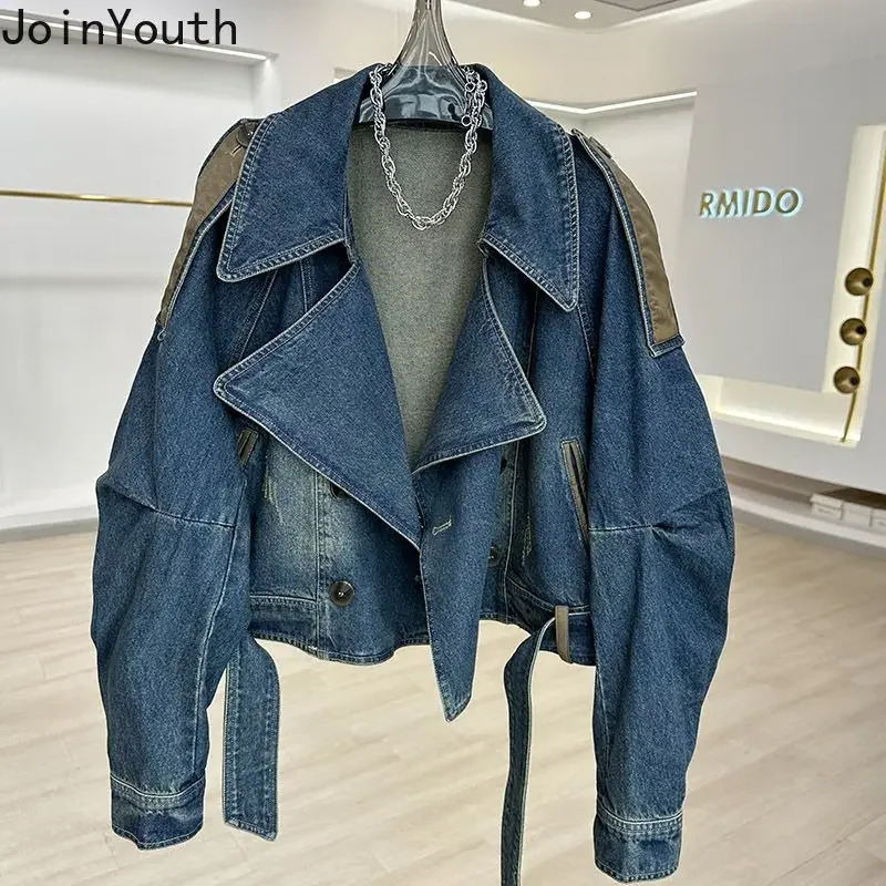 Streetwear denim womens jacket Ropa Mujer patch work leather PU casual Y2k top Harajuku fashion retro 250306