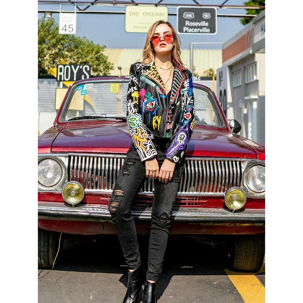 Rivet Beading Pu Leather Jacket Women Graffiti Colorful Print Biker Jackets And Coats PUNK Streetwear Jacket
