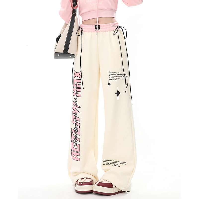 Women Apricot Sweatpants Baggy Y2k Streetwear Graphic Print Jogger Pants Vintage Haruku Wide Straight Trousers Clothes Spring