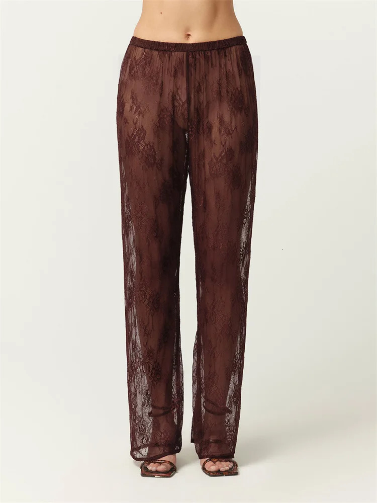 Womens Lace Pants Flower See Through Elastic Waist Straight Leg Long Trousers Casual for Beach Club 250306
