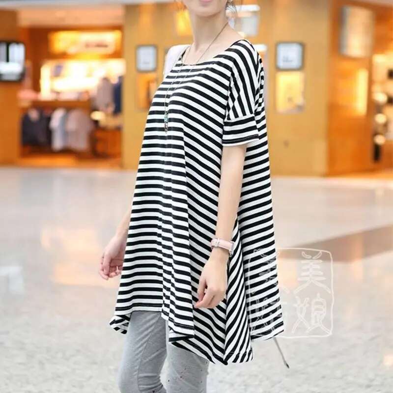 Black White Striped T-Shirt Women In Spring And Summer New Short-Sleeved Chiffon Loose Top Round Neck Pullover Mid-Length