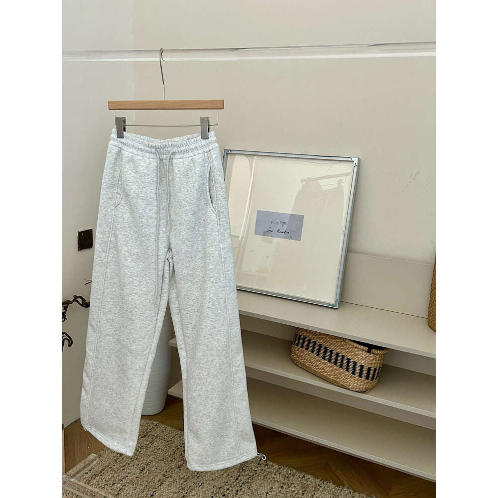 Winter New Style Plush Drawstring Elastic Waist Straight Wide Leg Versatile Warm Casual Pants Solid Color