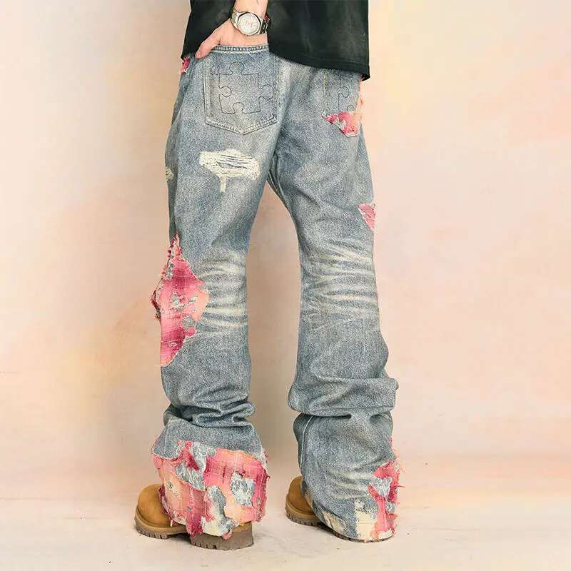 Retro Ripped Print Contrast Patchwork Wash Straight Women Y2k Street Hip Hop Loose Fashion Trend High Waist Wide Leg Jeans