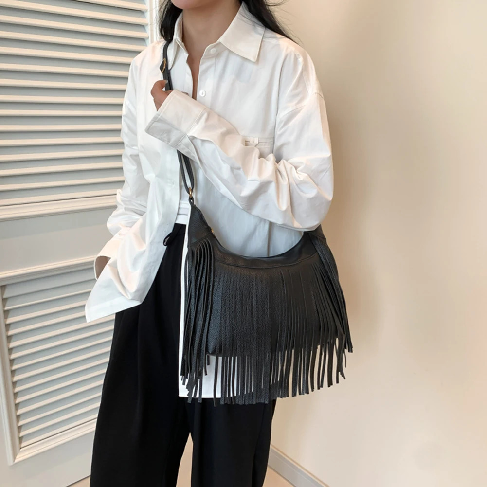 Fashion Women Fringe Hobo Bag Western Purse Messenger Shoulder Bag Pu Leather Tassel Y2K Hippie Crossbody Bag 250306
