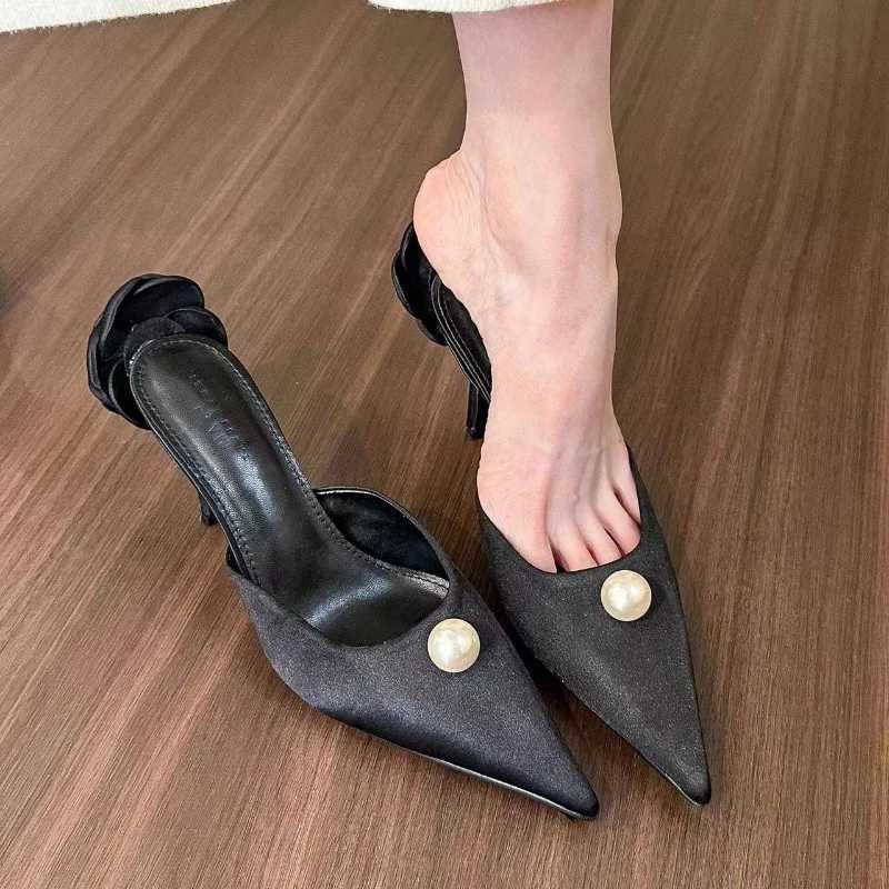 Autumn New Baotou Slippers Wens Fi Pointed Shallow Mouth Pearl Anti-slip Wear-resistant High H Y250306