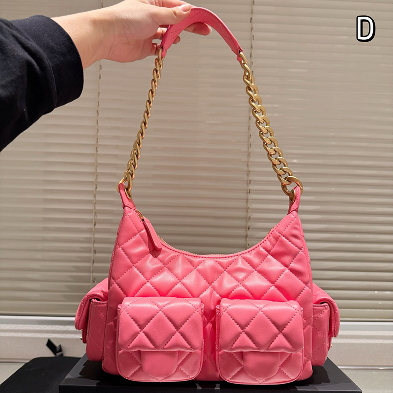 Women Vintage Medium Hobo Bowling Bag with Four Flap Pockets Lambskin Leather Gold Metal Chain Diamond Lattice High-Capacity Designer Shoulder Tote Wallet Bags 25cm