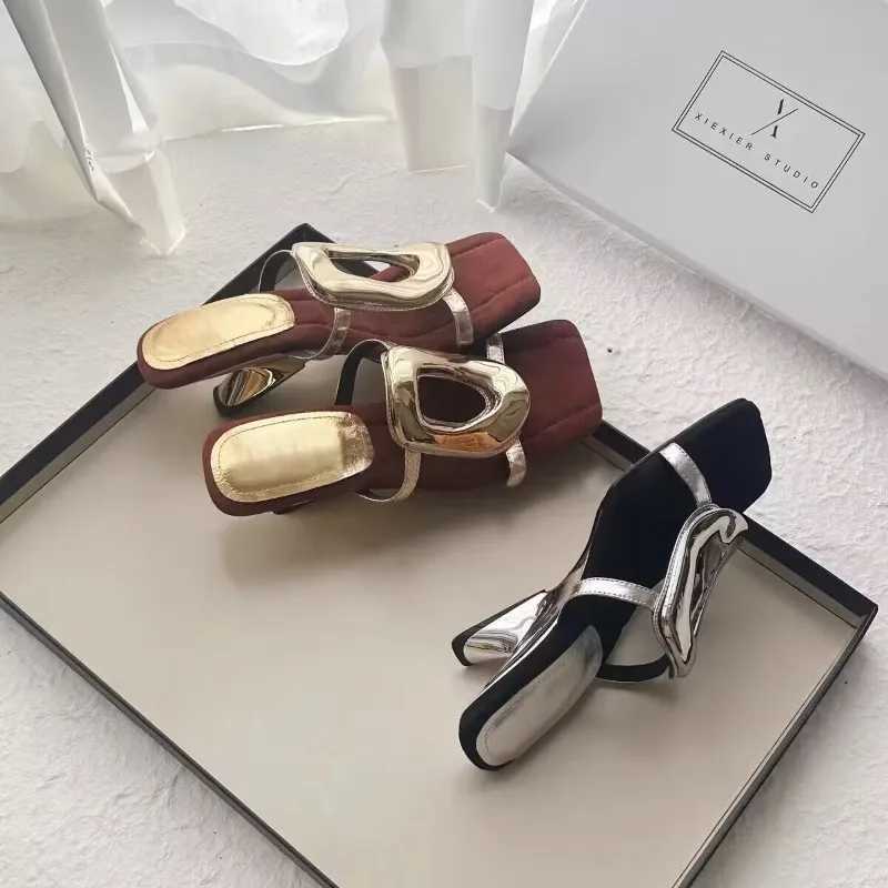 Wens Fi High heeled Slippers Summer New Square Hollow Metal Square Button Sandals Y250306