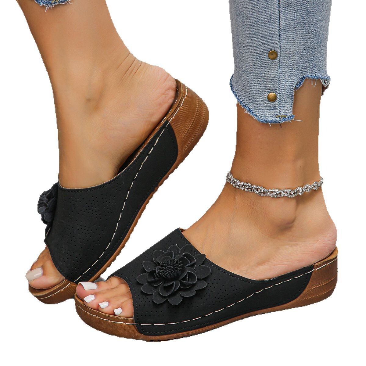 Large size flower slope heel straight strap thick soled beach sandals 2025 summer new style women's outdoor shoes #ddmykukumalu