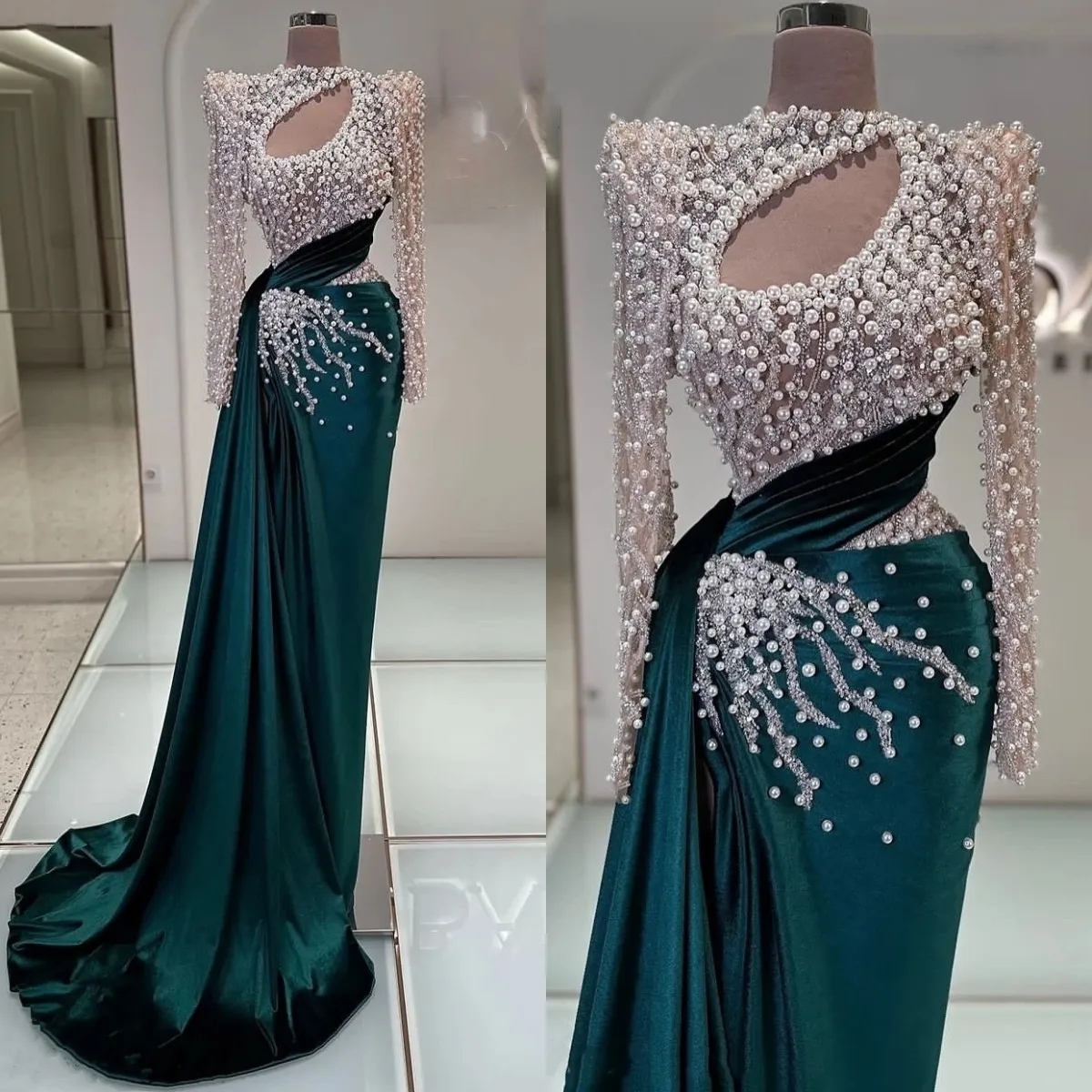 Luxurious Beaded Prom Dresses Long Sleeves Pearls Beading Crew Neck Dark Green Evening Gown Pleats Peplum 2025 Pageant Party Reception Dress