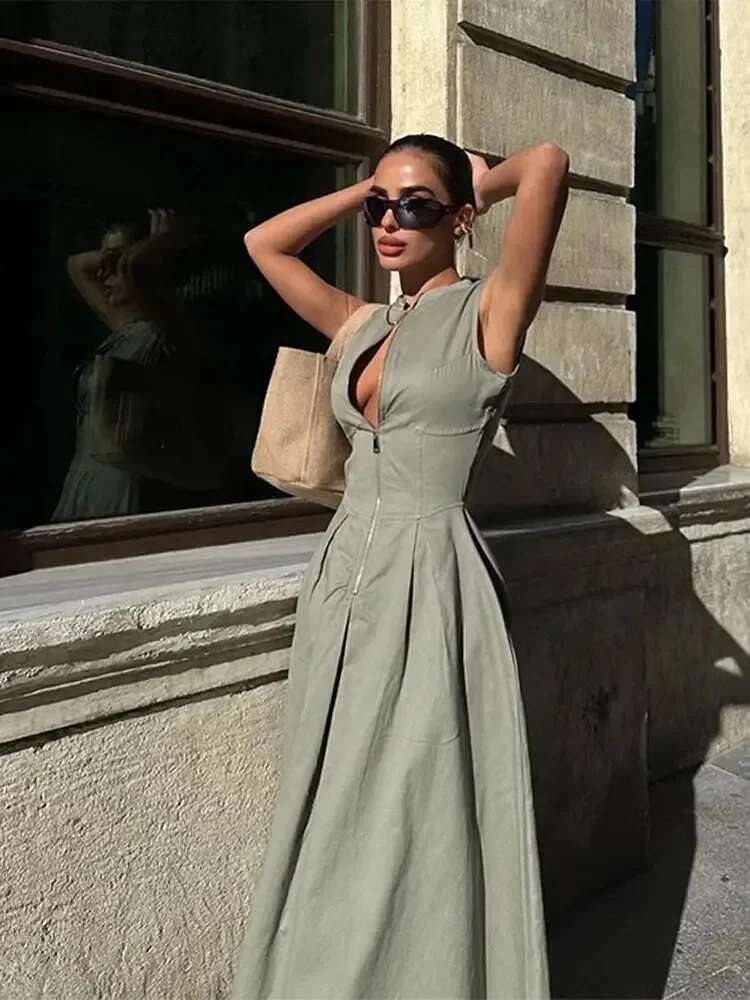 T Women Fashion Round Collar Sleeveless Pleated Slim Elegant Solid Half Zipper A-E Dresse Girl's Casual High Street Robe