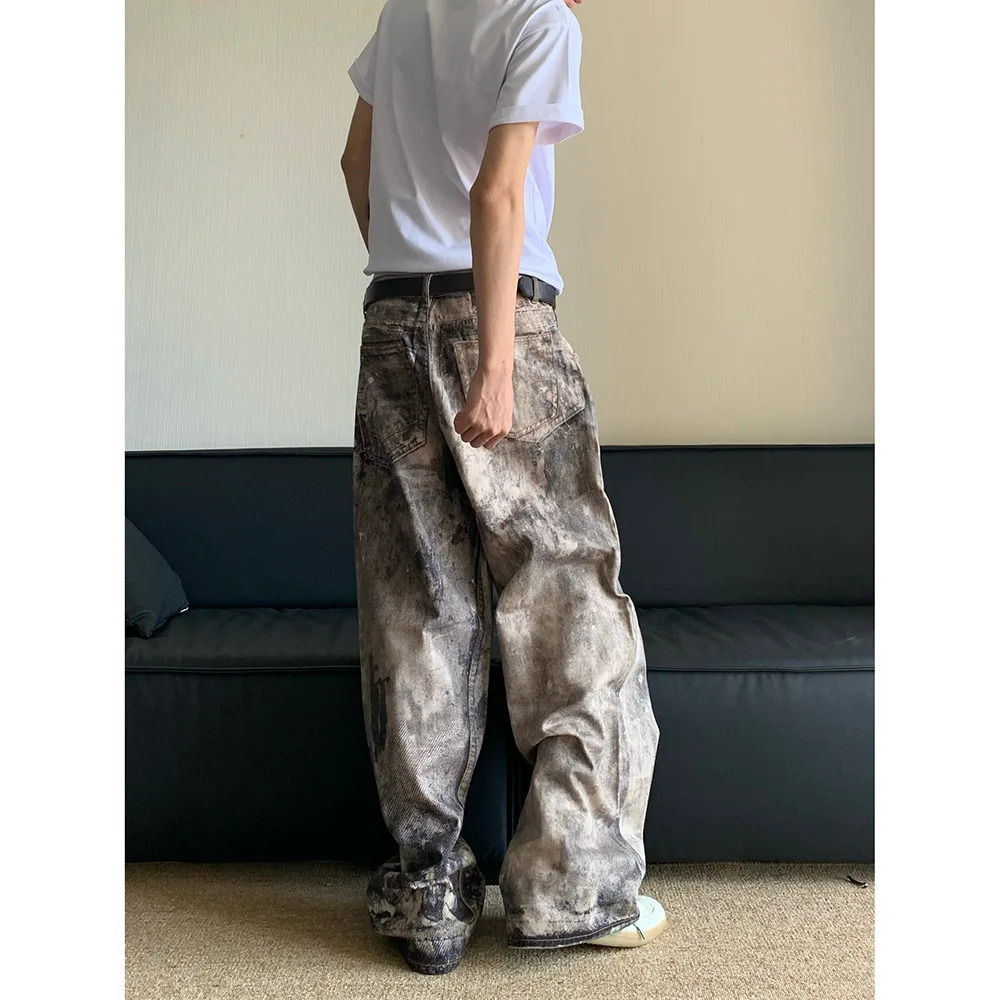Mens Jeans Floor Length Pants Denim Camouflage Print Loose Casual Straight Trousers Pocket Splice Autumn Winter 250306wtt