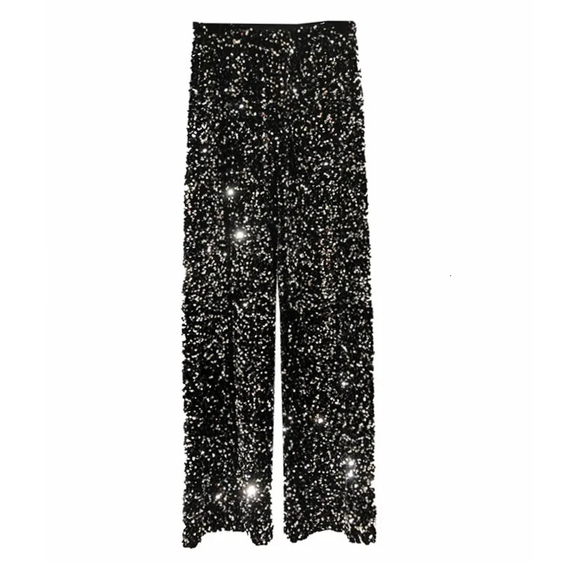 The Womens Fashion Trendy Sparkling Gold Pants Relaxation of Tall Waist Widelegged South Korean Style 250306