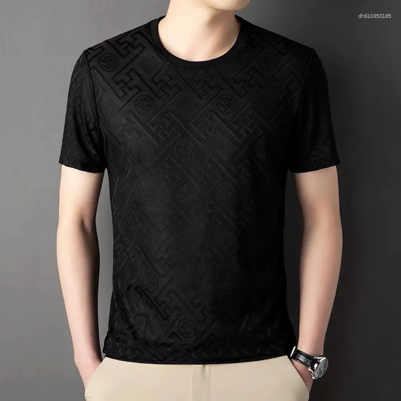 Men's T Shirts High End Brand Fashion Printed Short Sleeve T-shirt Men Summer Ice Silk Plaid Round Neck Casual Breathable Top