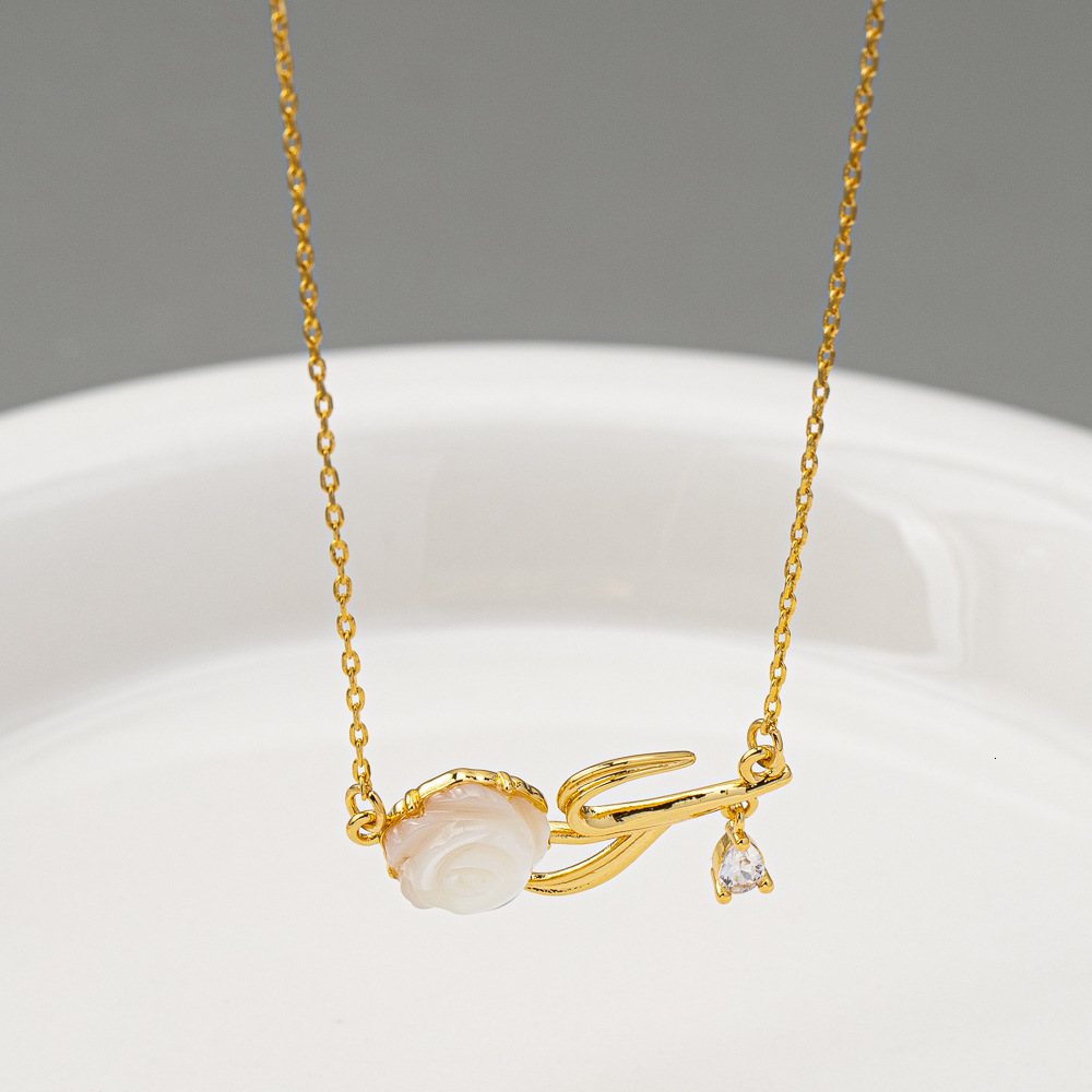 Camellia Pendant Brass Plated Shell Flower Necklace Collar For Women