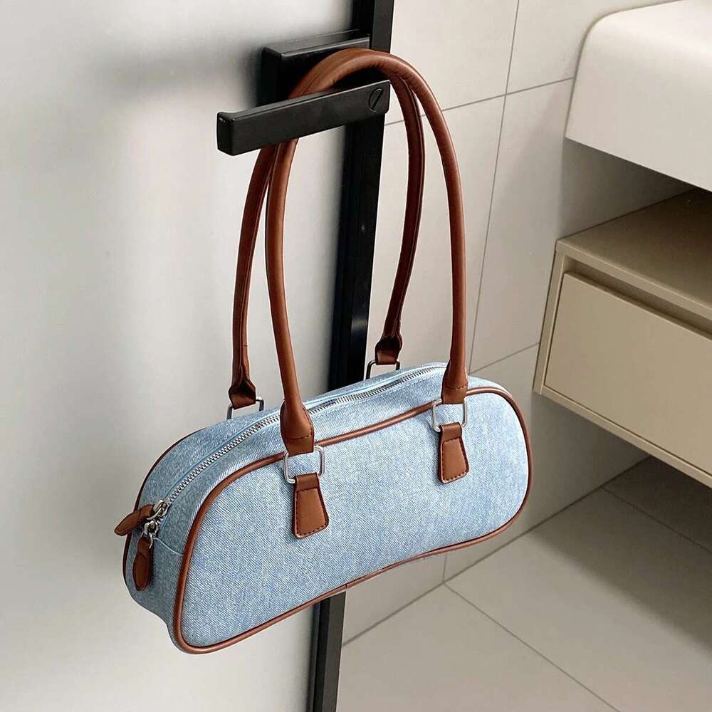 commuter large-capacity Fashion women's fashionable color-matching denim shoulder hand baguette bag