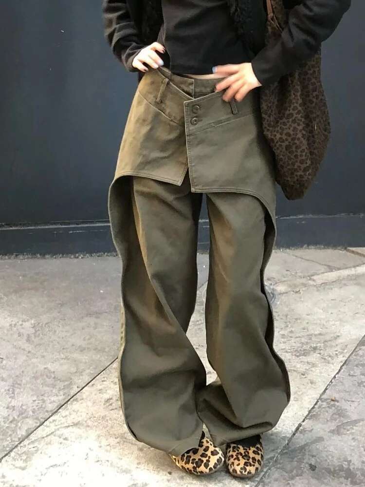 TWOTWINSTYLE Solid High Street Loose Spliced Buttons Jeans For Women Patchwork Zipper Wide Leg Fashion Pants Female Clothing New