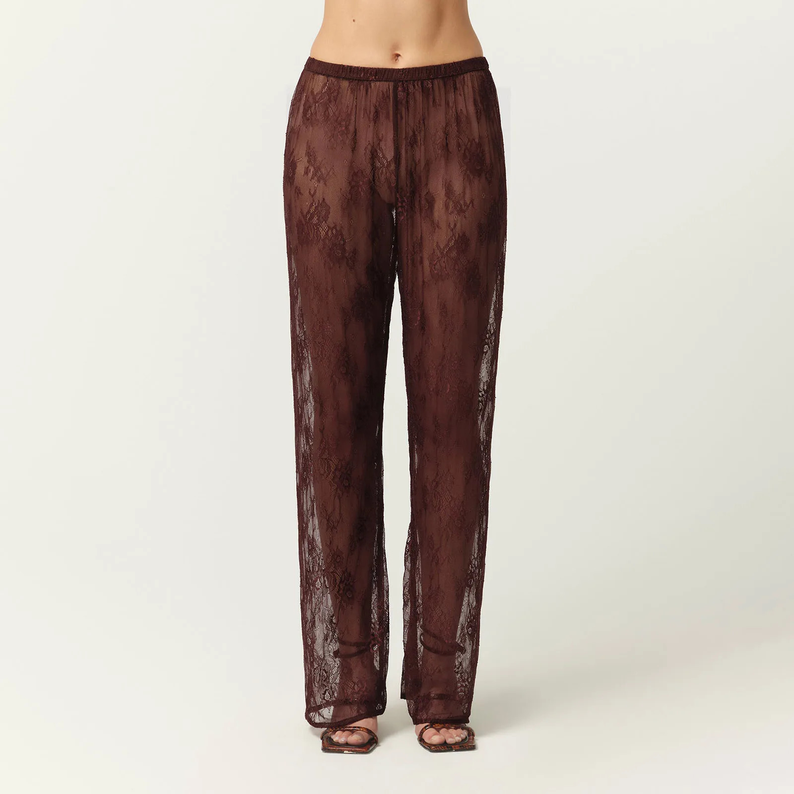 Womens Sheer Lace Pants Transparent Gothic Straight Leg Long Trousers Flower See Through Elastic Waist Slim Streetwear 250306