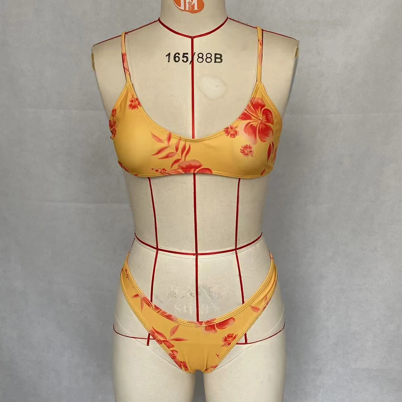 BEACHCICI Bikinis Two Piece Set Women Casual V Neck Suspender Printed Adjustable Strap Top With Pants Sets Beachwear Swimsuit 250306