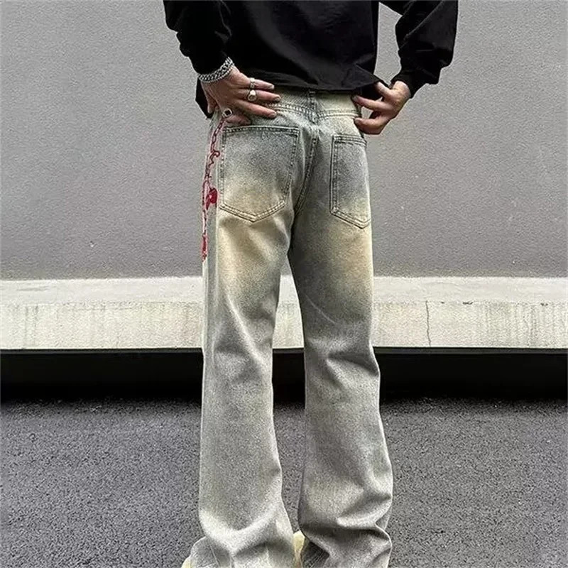 Chain Meteor Hammer Print Baggy Jeans For Men Y2K Vintage Wide leg Denim Trousers High Street Washed Distressed 250306wtt