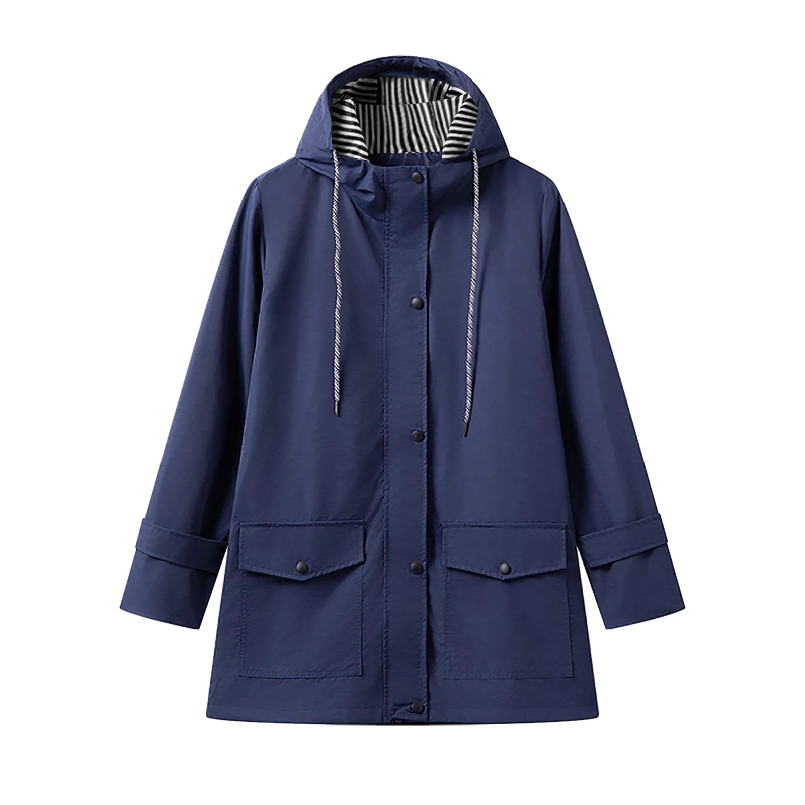 Spring and Autumn Changgou Coat Womens Fashion Hooded Windproof Machine Stripe Printed Plus Size Casual Jacket 250306