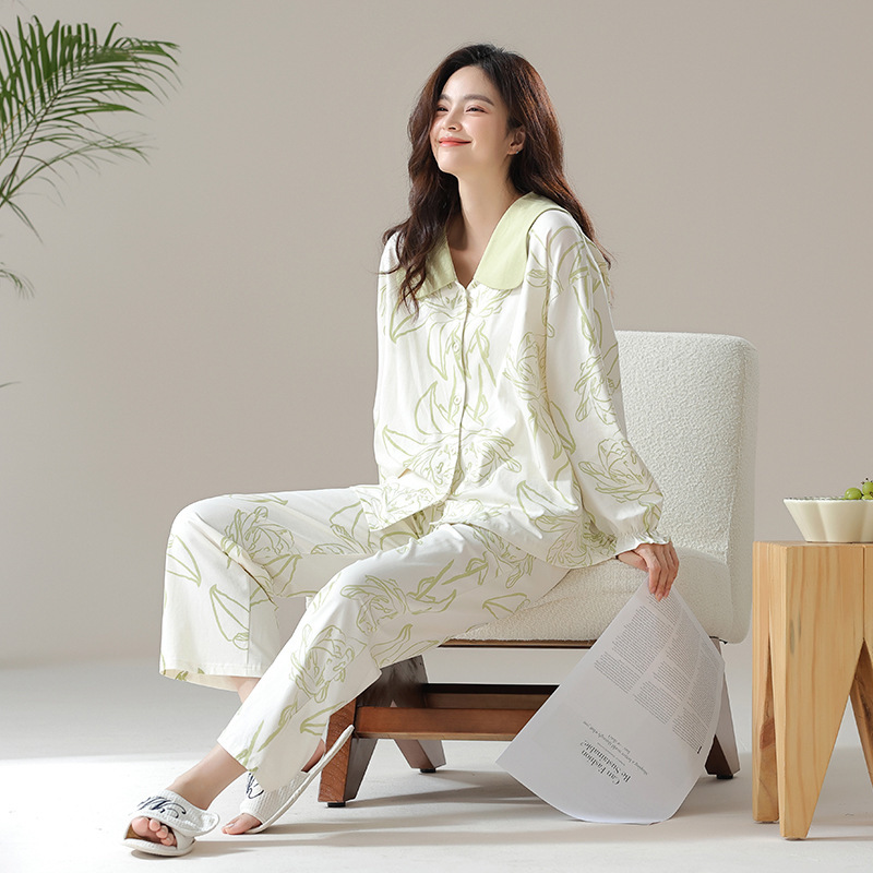 B757-Autumn Pajamas Women's Pure Cotton Long Sleeve Cardigan Lace Cotton Ladies Home Clothes Autumn