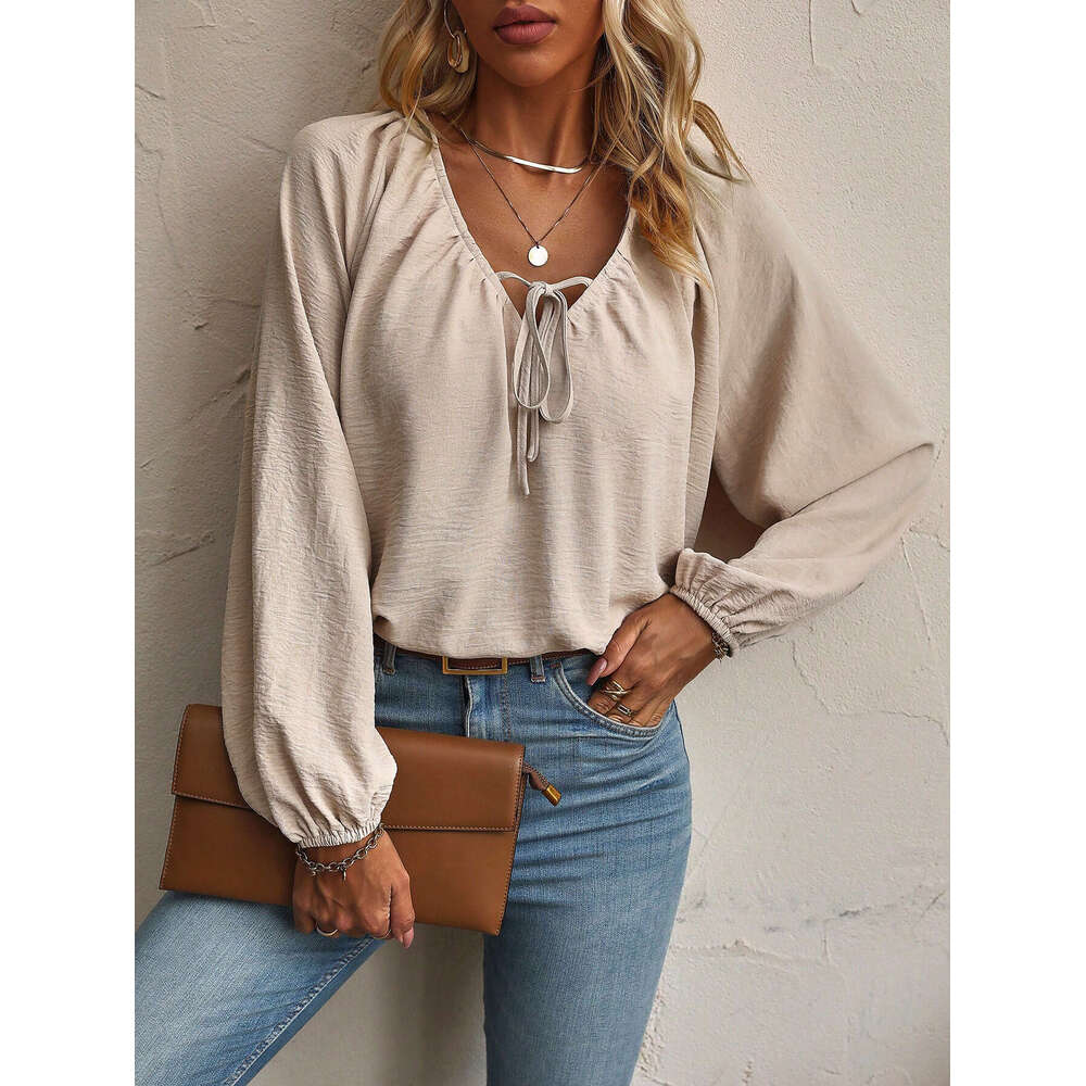 Raglan Sleeves, Front Chest Tie, Small V-Neck, Casual And Comfortable Loose Fit Long Sleeved Shirt KLMY