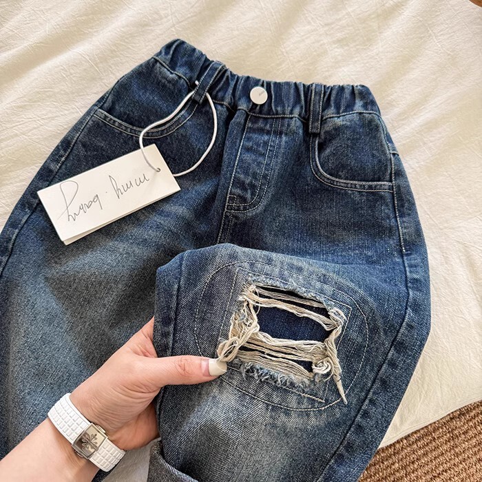 Ddmyshoesvip Spring New Collection Of Wear Children S Perforated Jeans Korean Edition Boys Pants Male And Female Baby Pants Trendy Style