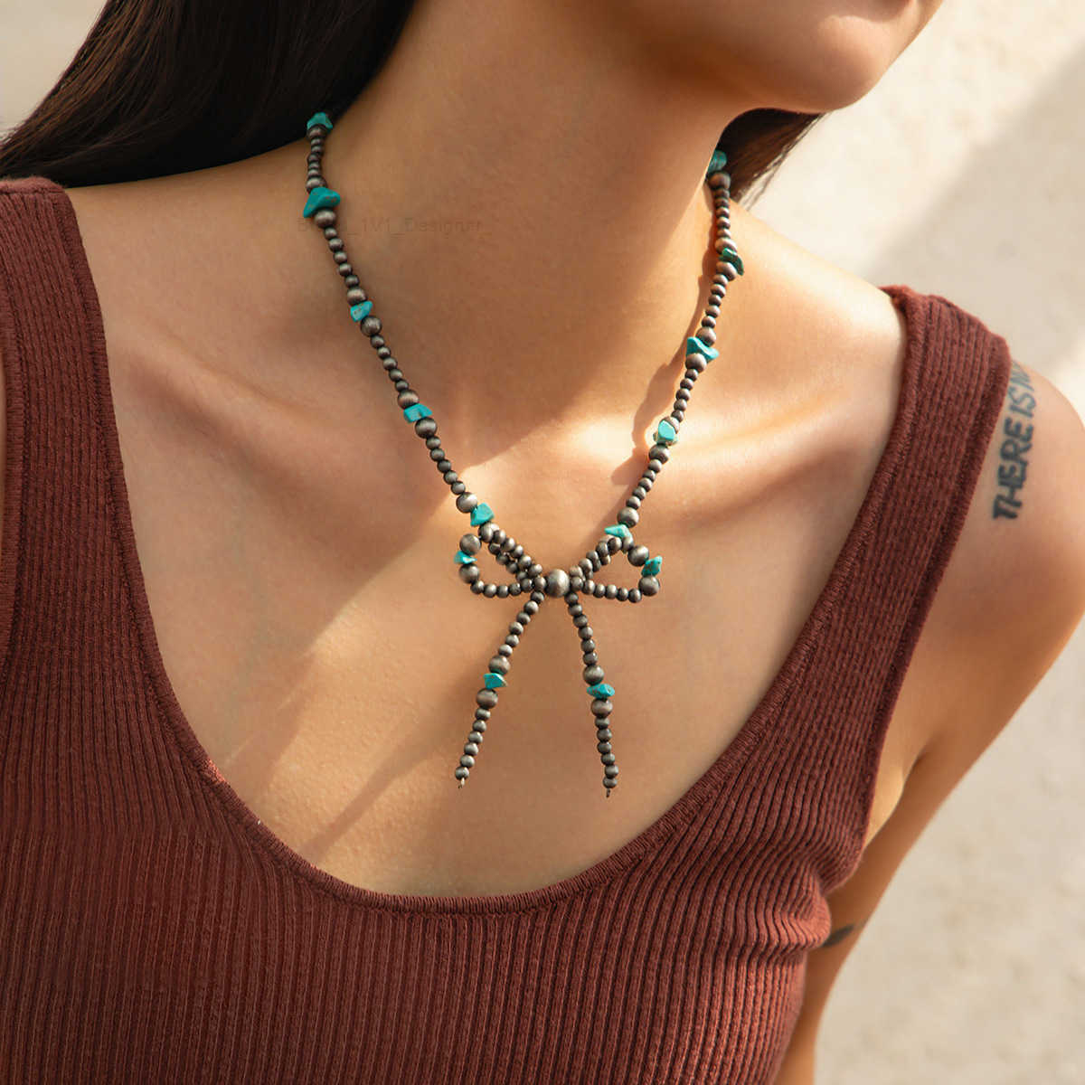 Pendant Necklaces Bohemian layered turquoise bow handmade necklace Navajo style beaded ethnic necklace H25219 2 4C9F