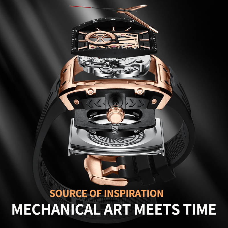 LIGE outdoor sports style wine barrel shaped mechanical men's watch with hollow design for men's business watches