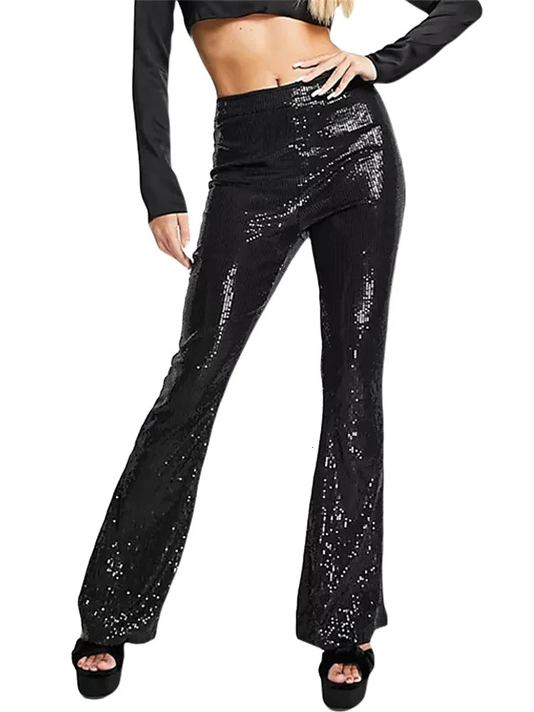 Women Sequin Pants Spring Autumn Flared High Waist Bodycon BellBottom Trousers 250306