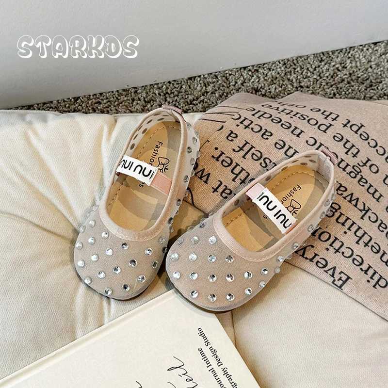 Summer Breathable Lace Mesh Ballet Flats Kid Girls Luxury Brand Design Crystal Stud Net Ballerina Shoes Baby Child Bling ZapatosT250306