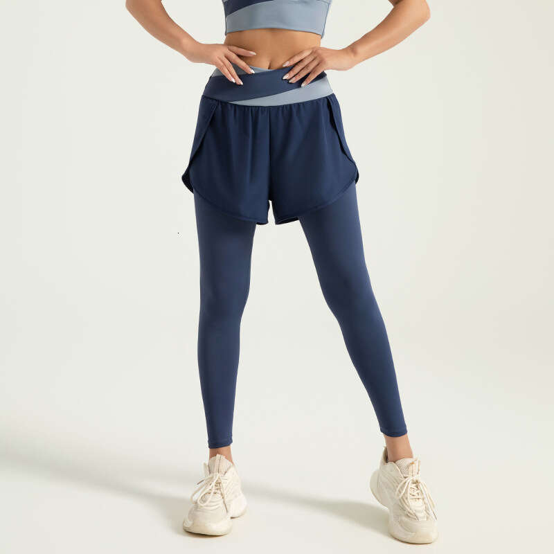 Special Area Color Blocking Fake Two-Piece With Anti Glare Running High Waisted Waist Contraction And Nude Feeling Exercise Yoga Pants KLMY