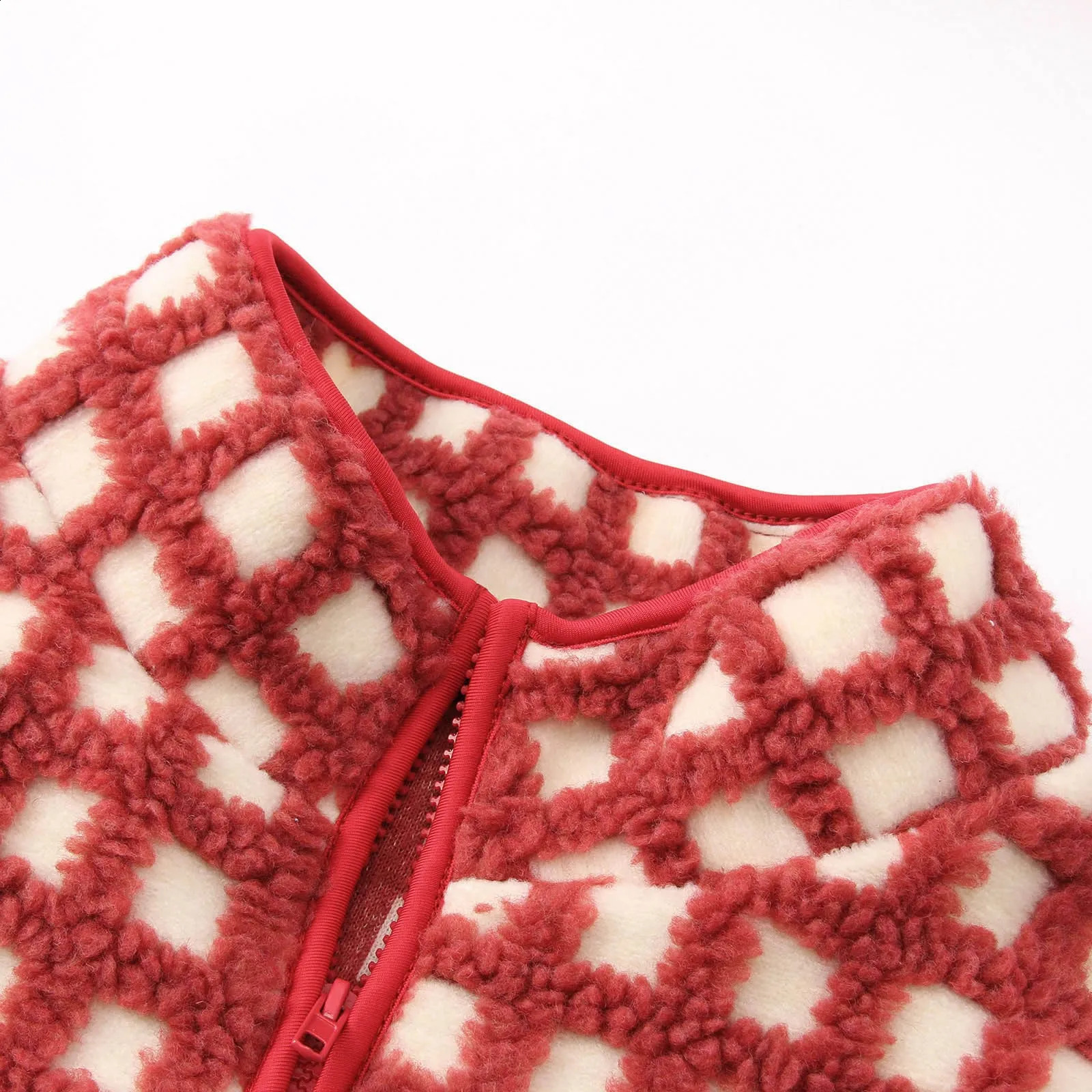 Retro Women Plaid Vest Jackets Autumn Winter Red Sleeveless Jacket Coat Stand Collar Zipper Vintage Outwear Coats 250227Z