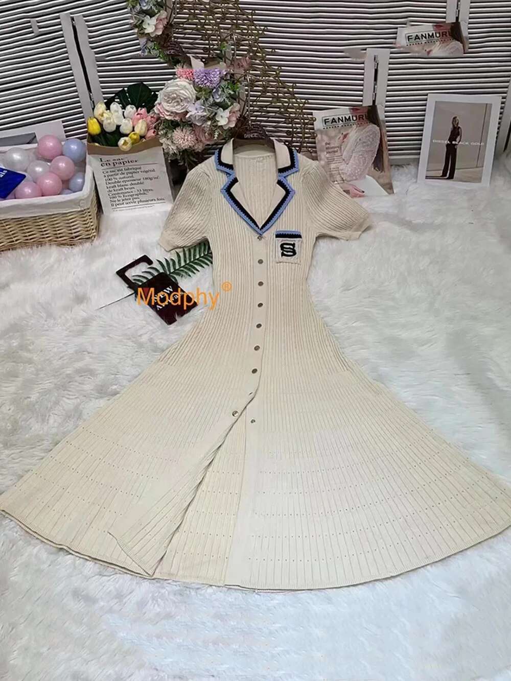 Modphy 2025 Elegant Slim Knitted Dress Women's Letter Single Breasted Long Sleeved Designer Vintage Dresses Autumn