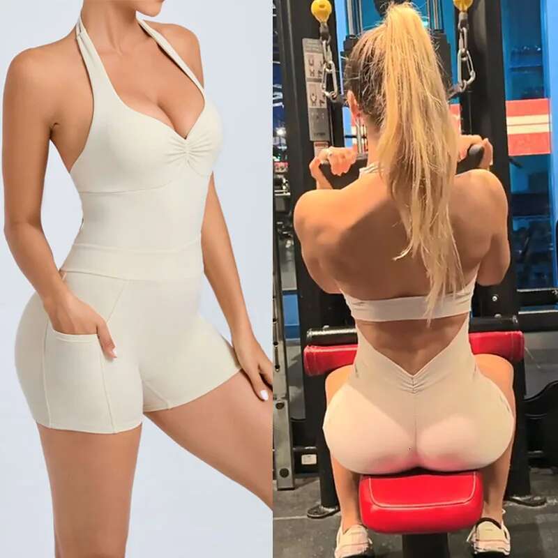 Pad Nylon Women Bodysuit Fiess Suede Yoga Adjustable One-Piece Shorts Set Pockets Gym Sports Push Up Cycg Jumpsuit KLMY