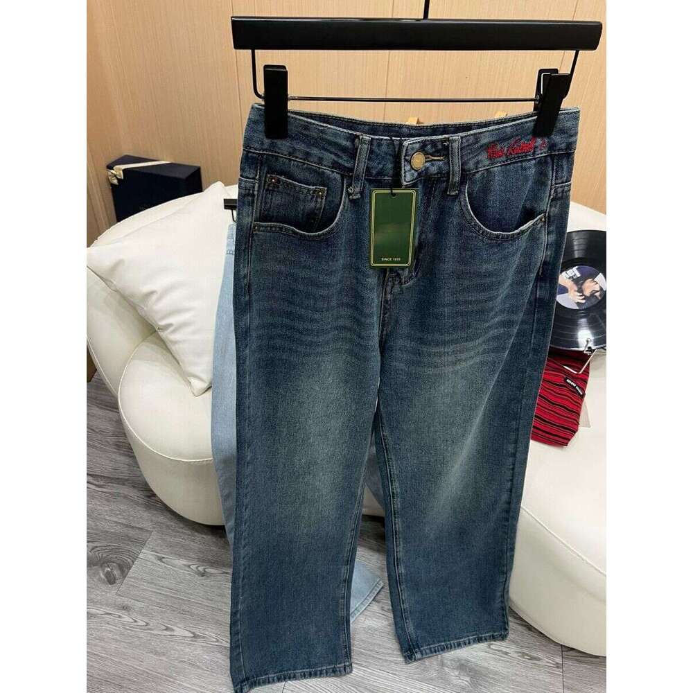 New Red Embroidered Narrow Edition Versatile Jeans, Leather Label Back Waist, Pocket Wide Straight Leg Pants For Women