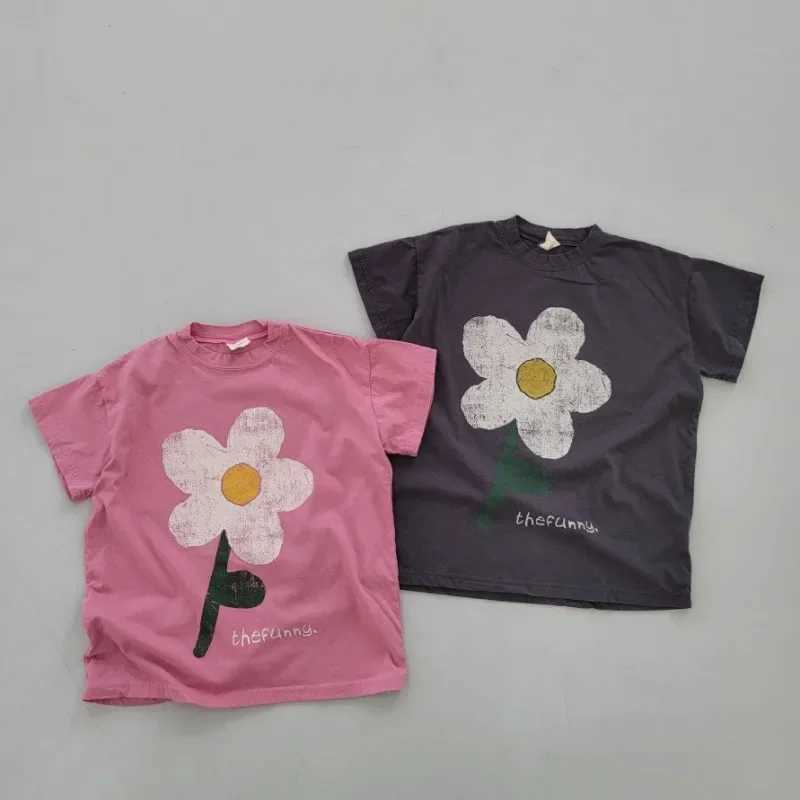 2024 Summer New Girls Short Sleeve Casual Dress Cute Flower Print Children Long T-Shirts Loose Kid Princess Girls Outfit ClothesT250306
